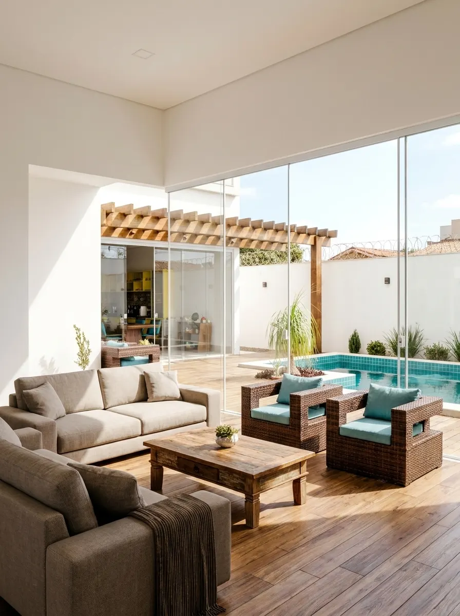Living room with sliding glass doors opening directly onto the pool deck